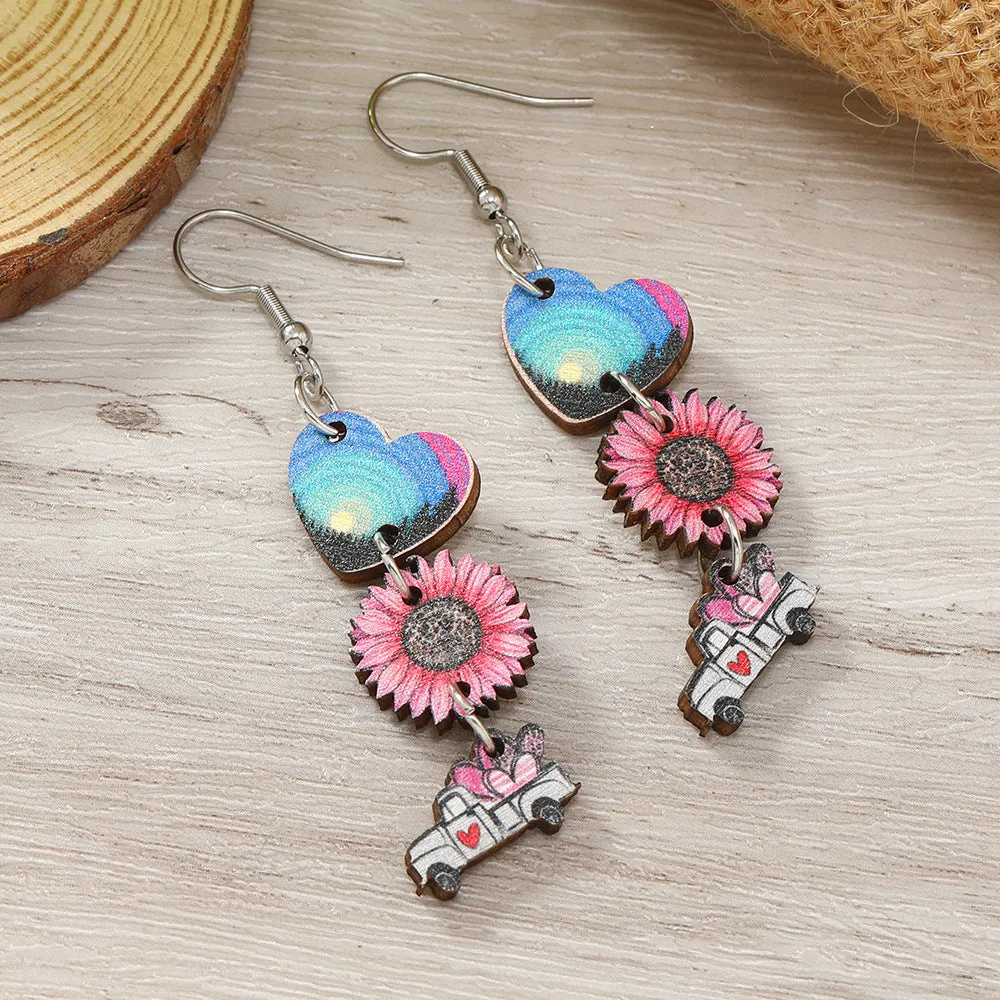Wholesale Valentine's Day Truck Love Pendant Wooden Earrings