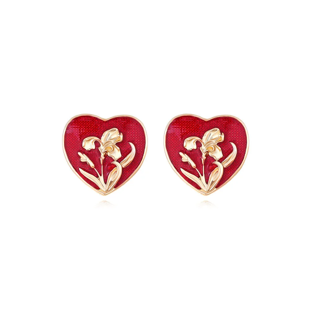 Wholesale Valentine's Day Vintage Heart Shape Enamel Flower Earrings