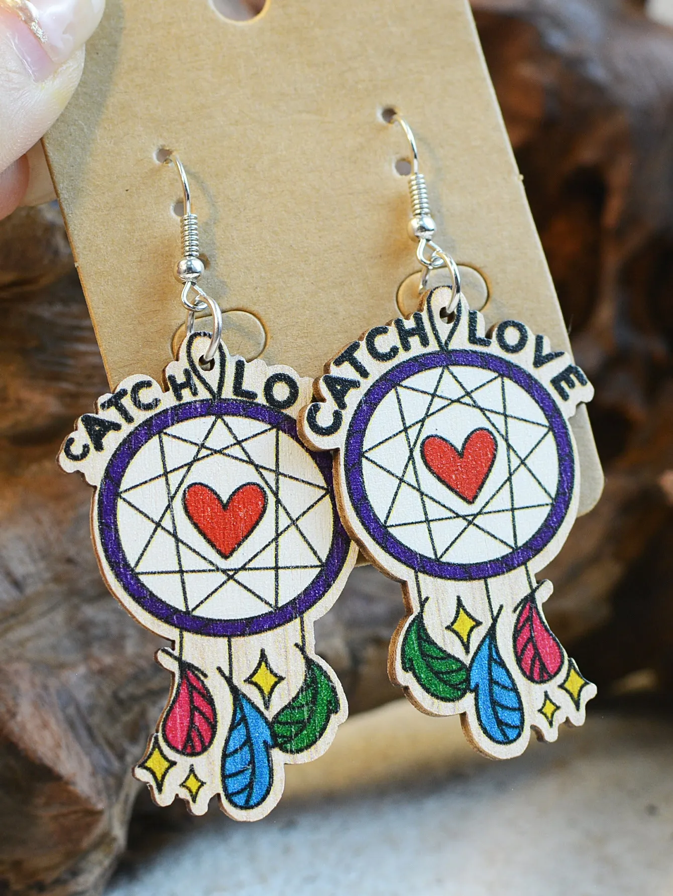Wholesale Valentine's Day Wooden Dream Catcher Feather Earrings