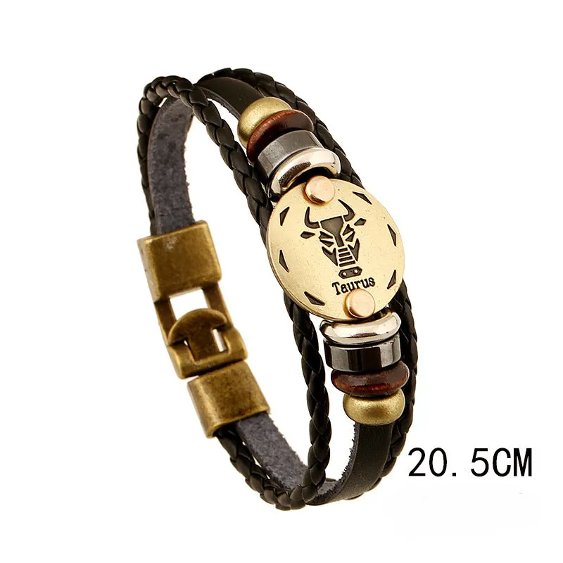 Wholesale Vintage 12 Zodiac Cowhide Multi-layer Bracelets