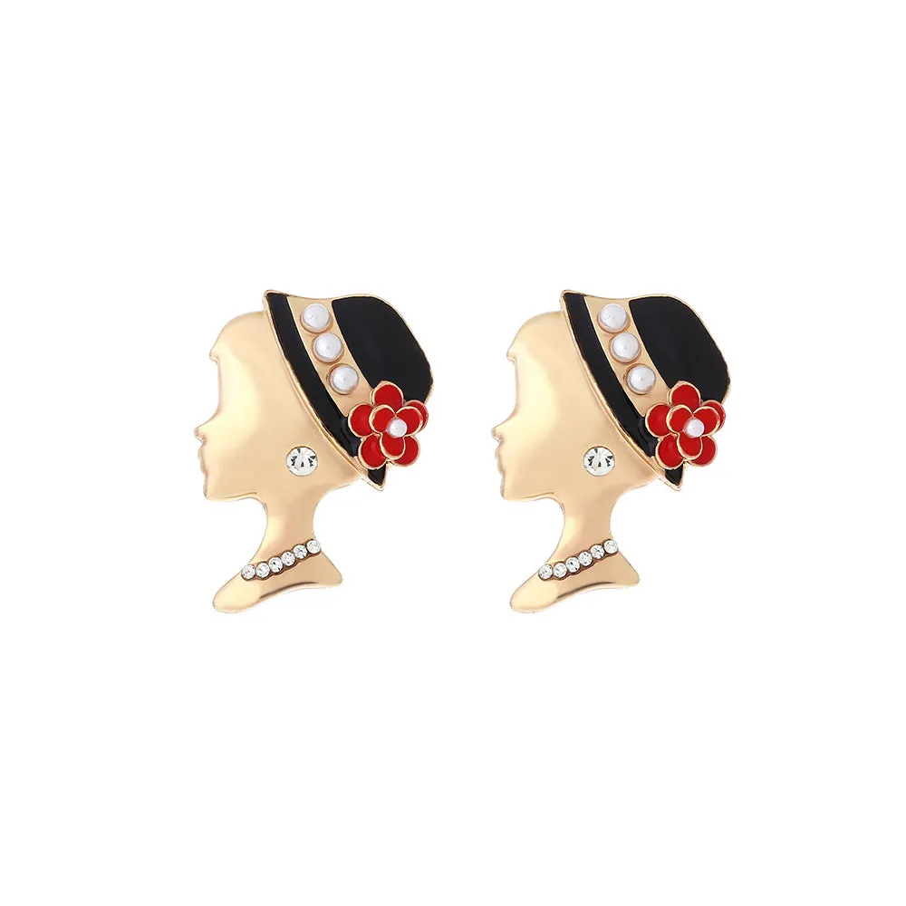 Wholesale Vintage Alloy Oil Drop Maillard Flower Beauty Head Earrings