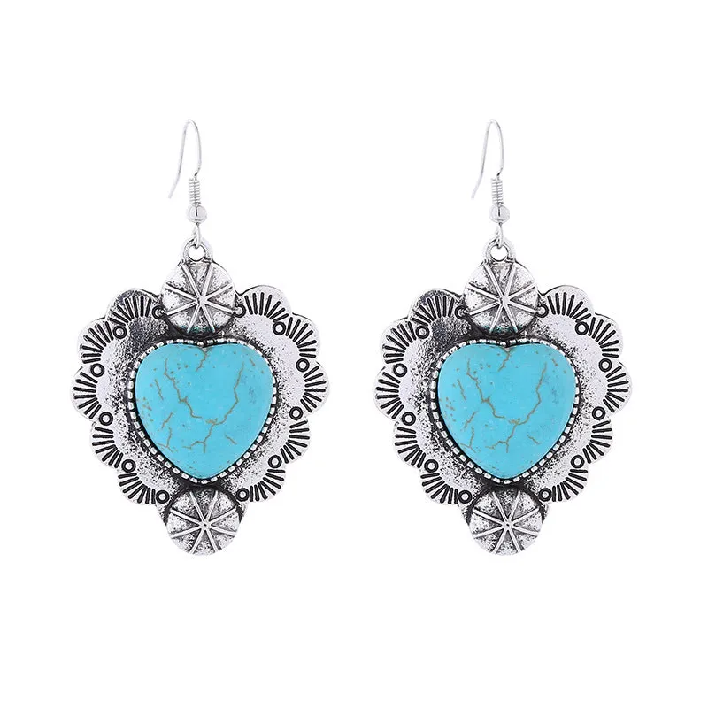 Wholesale Vintage Alloy Plated Antique Silver Inlaid Turquoise Love Earrings