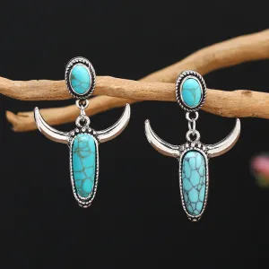 Wholesale Vintage Alloy Silver Plated Turquoise Cow Horn Earrings
