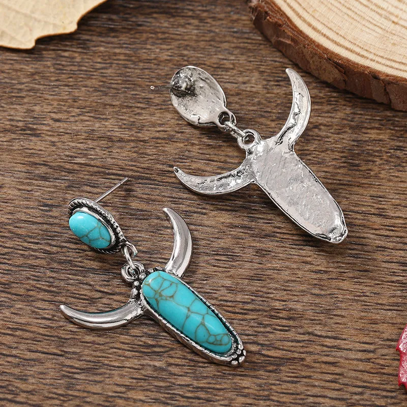 Wholesale Vintage Alloy Silver Plated Turquoise Cow Horn Earrings