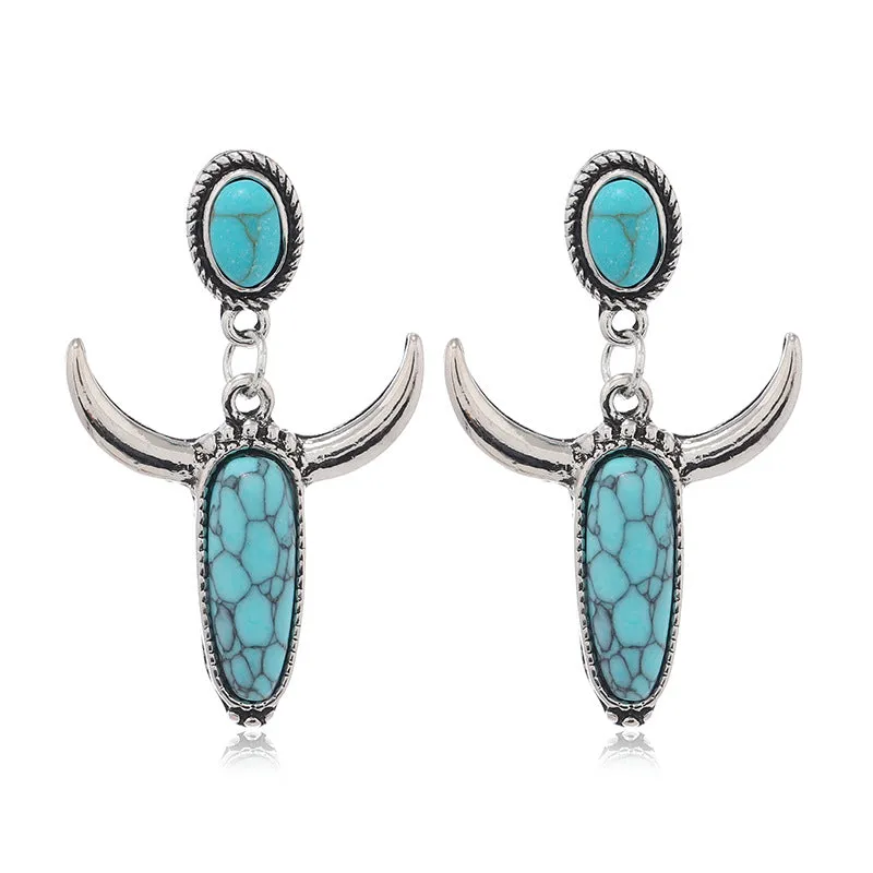 Wholesale Vintage Alloy Silver Plated Turquoise Cow Horn Earrings
