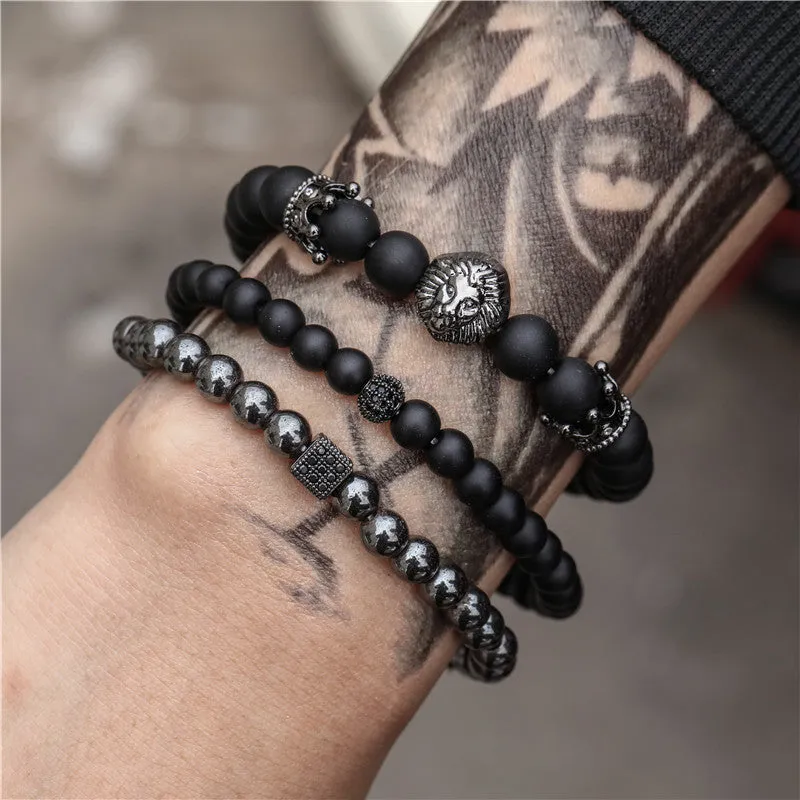 Wholesale vintage black frosted bracelet zircon crown diamond ball dice lion head beads bracelet suit
