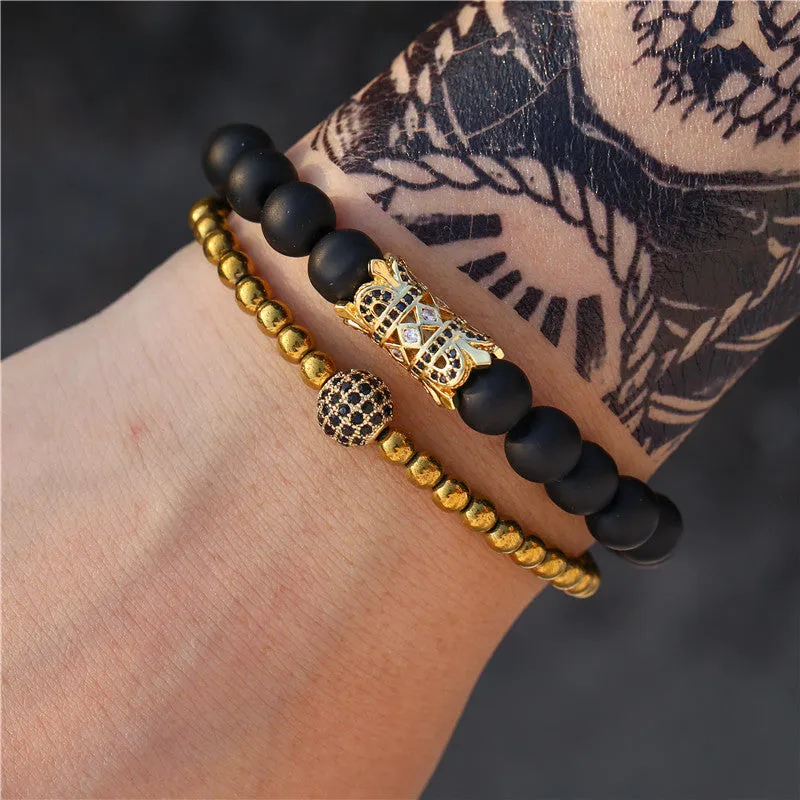 Wholesale vintage black frosted bracelet zircon crown diamond ball dice lion head beads bracelet suit