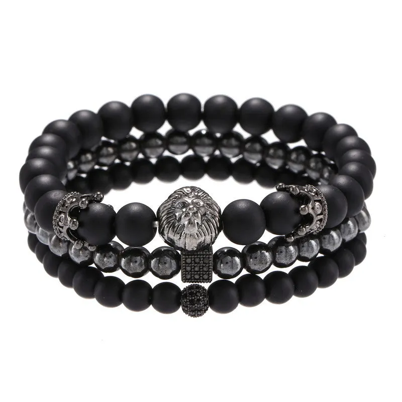 Wholesale vintage black frosted bracelet zircon crown diamond ball dice lion head beads bracelet suit
