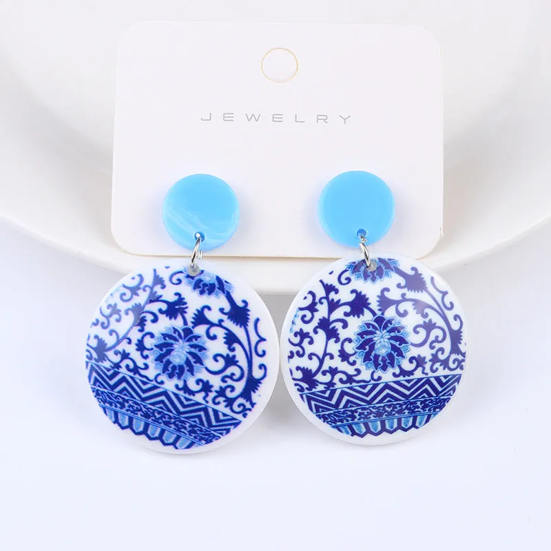 Wholesale Vintage Blue and White Porcelain Fragments Acrylic Earrings