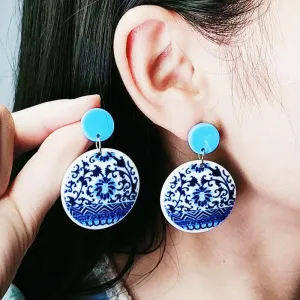 Wholesale Vintage Blue and White Porcelain Fragments Acrylic Earrings