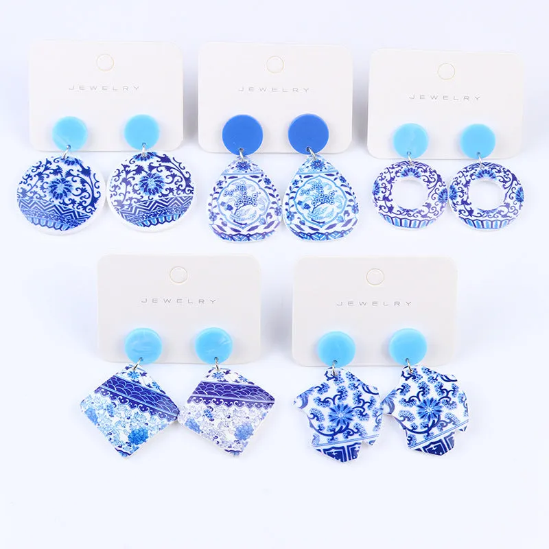 Wholesale Vintage Blue and White Porcelain Fragments Acrylic Earrings