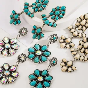 Wholesale Vintage Bohemian multi-layer turquoise and colored diamond earrings