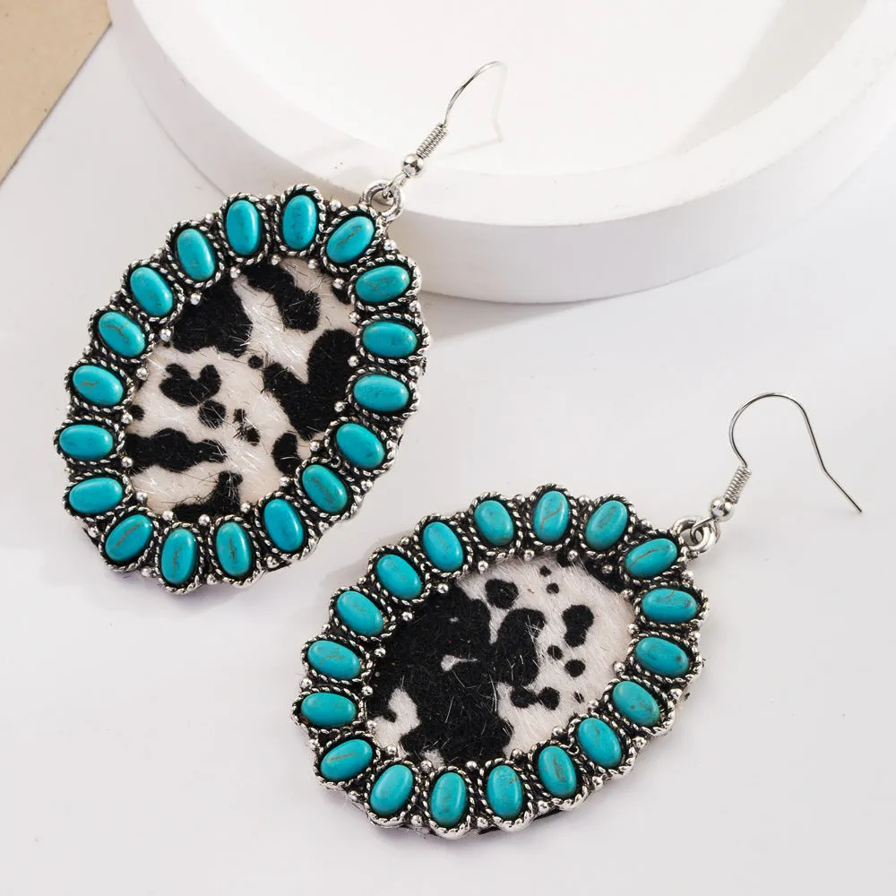 Wholesale Vintage Bohemian Turquoise Leather Exaggerated Earrings