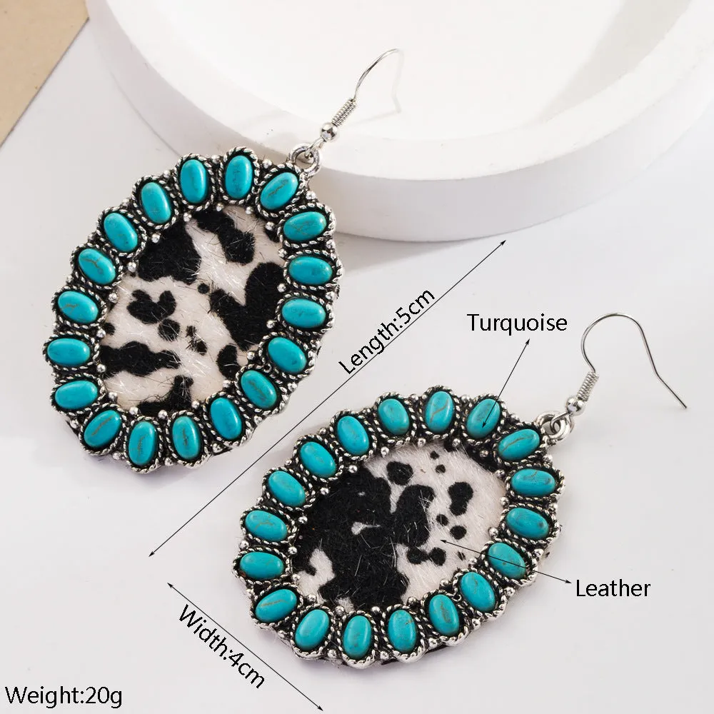 Wholesale Vintage Bohemian Turquoise Leather Exaggerated Earrings