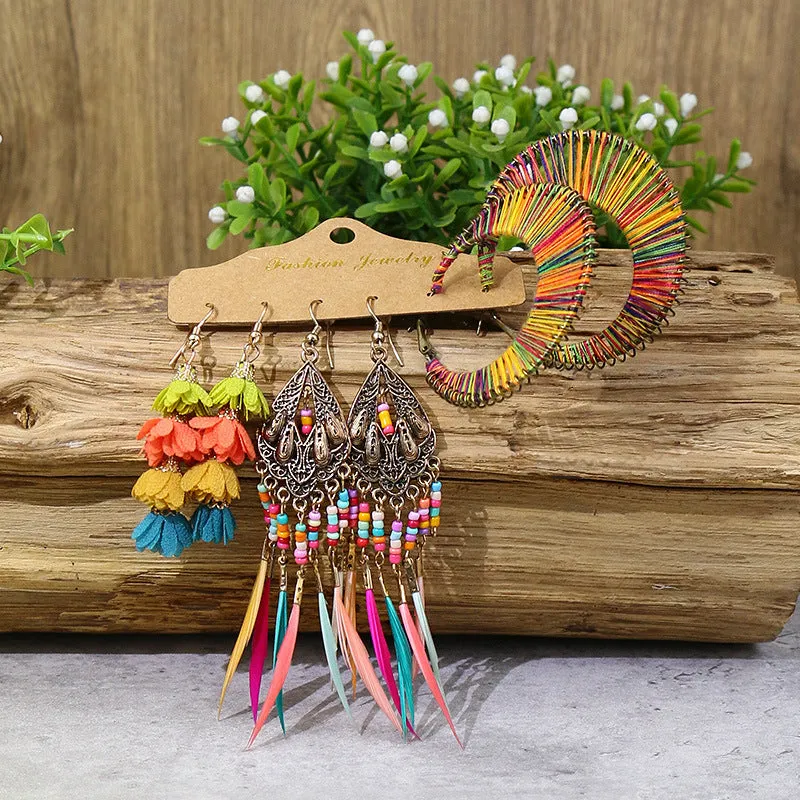 Wholesale Vintage Distressed Geometric Tassel Flower Earrings Set