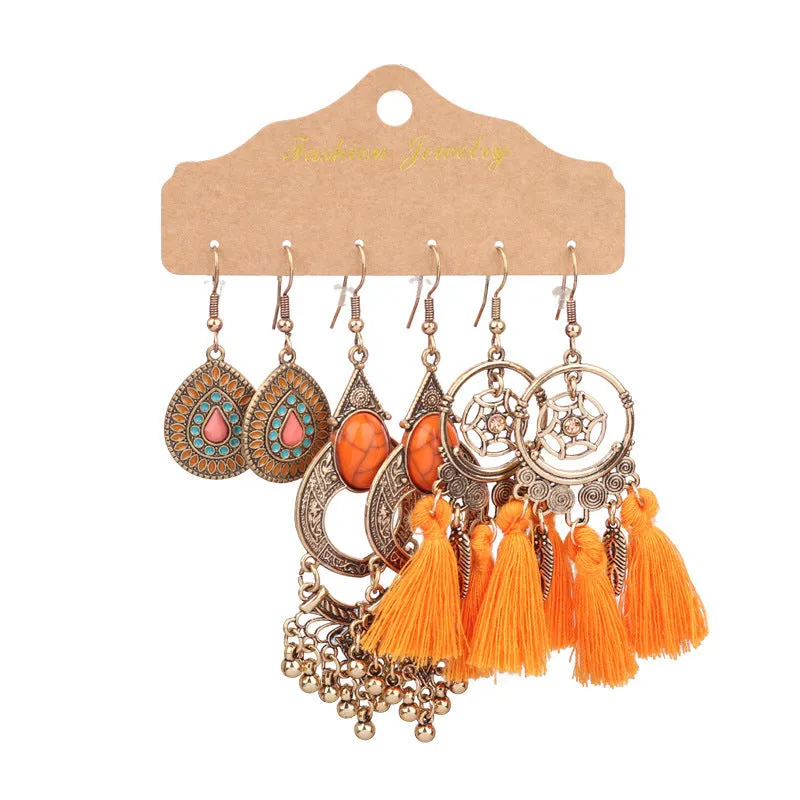 Wholesale Vintage Distressed Geometric Tassel Flower Earrings Set