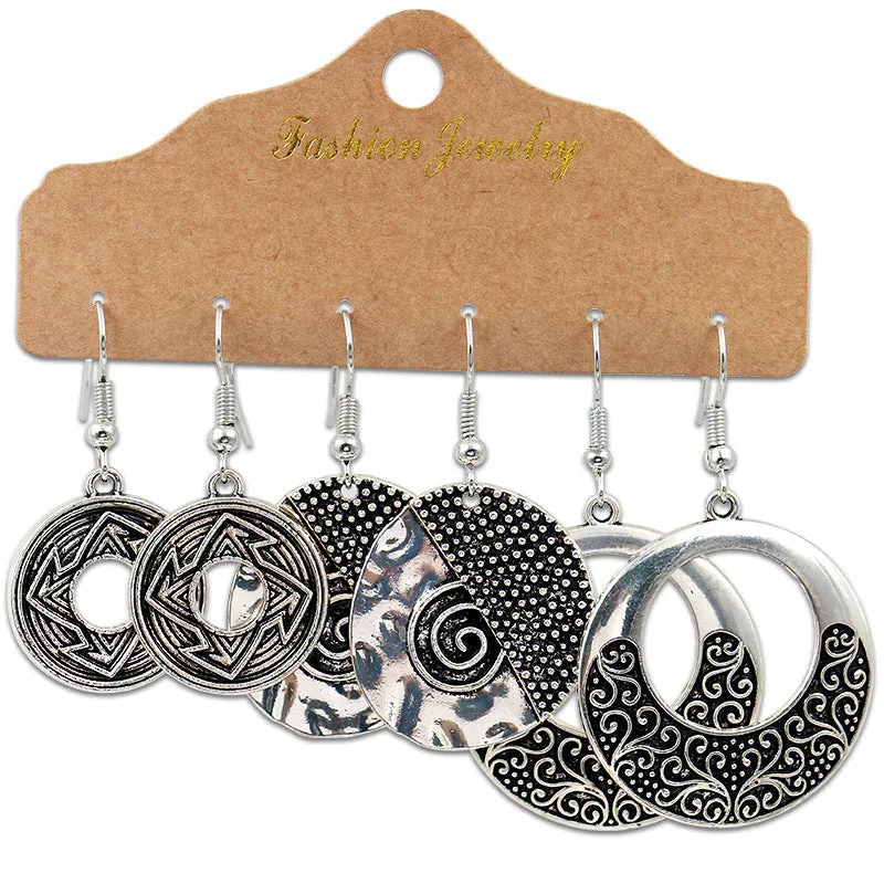 Wholesale Vintage Distressed Geometric Tassel Flower Earrings Set