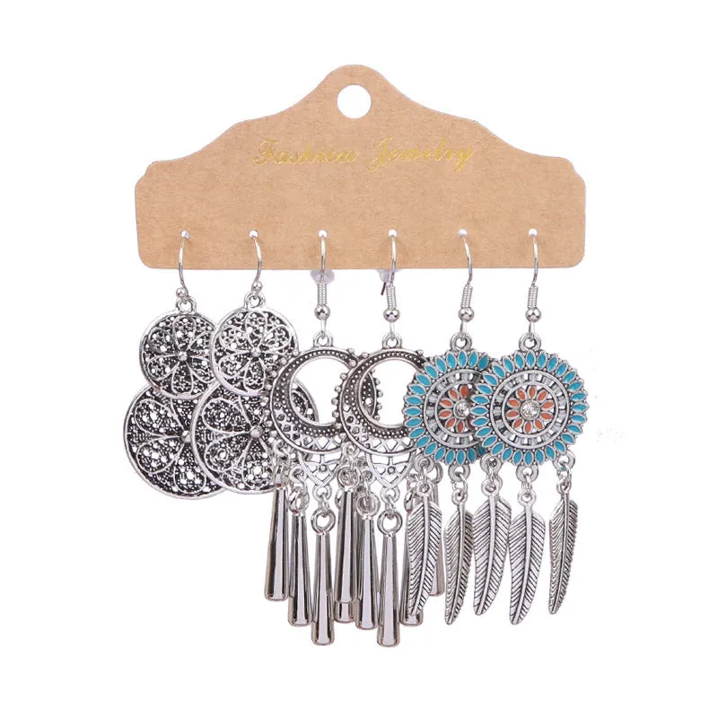 Wholesale Vintage Distressed Geometric Tassel Flower Earrings Set
