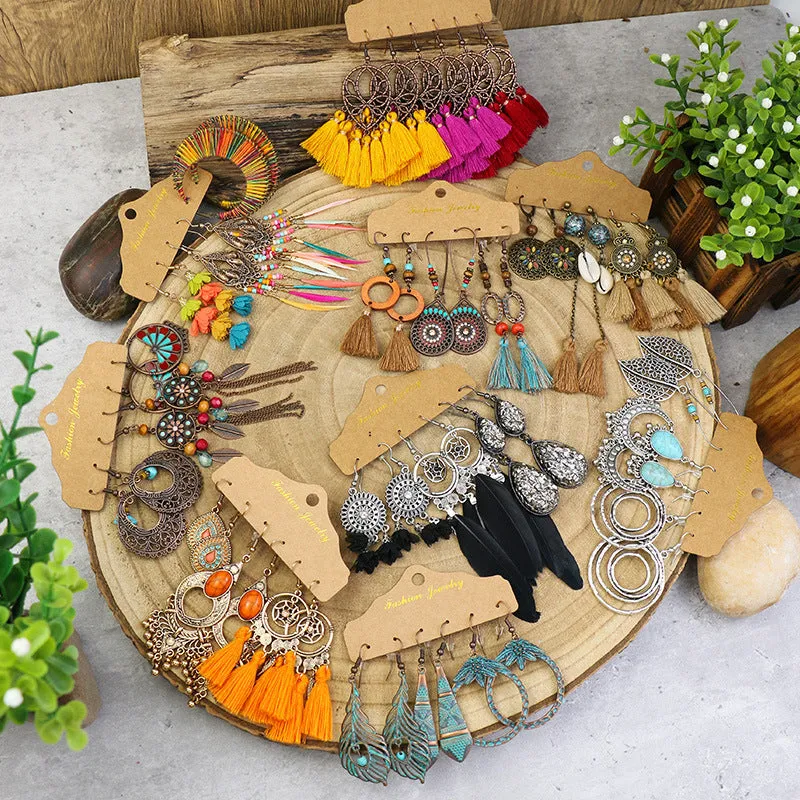 Wholesale Vintage Distressed Geometric Tassel Flower Earrings Set