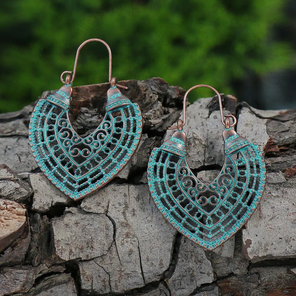 Wholesale Vintage Double Layer Turquoise Leaf Hollow Stud Earrings