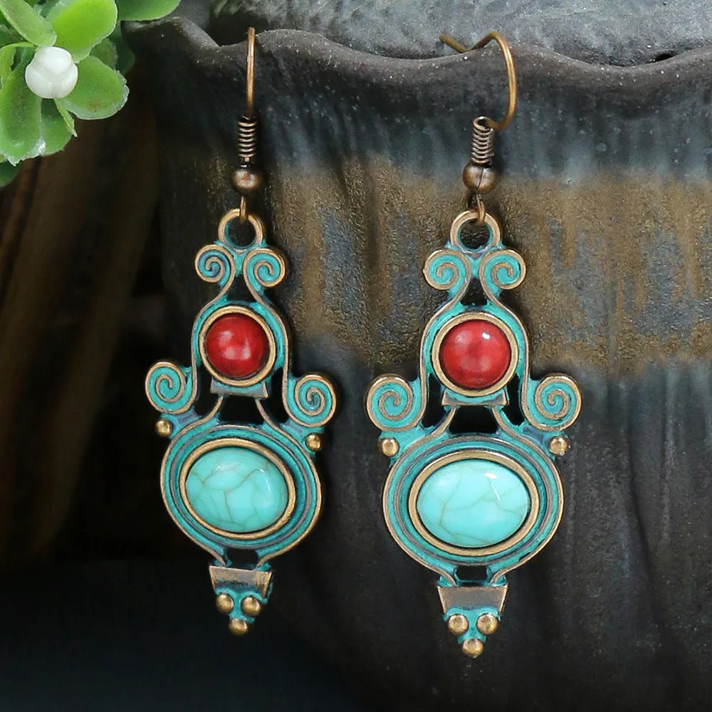 Wholesale Vintage Double Layer Turquoise Leaf Hollow Stud Earrings