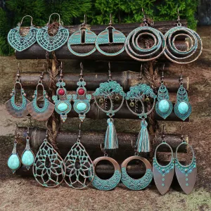 Wholesale Vintage Double Layer Turquoise Leaf Hollow Stud Earrings