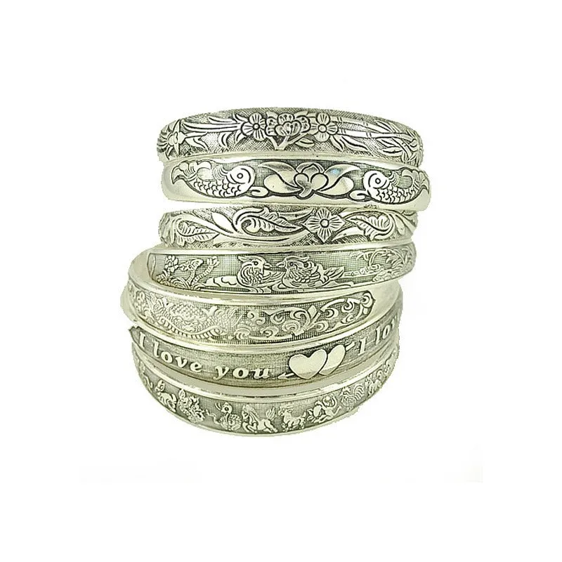 Wholesale Vintage elephant carved open women's dragon and phoenix bracelet ethnic style Tibetan silver bracelet Miao silver bracelet