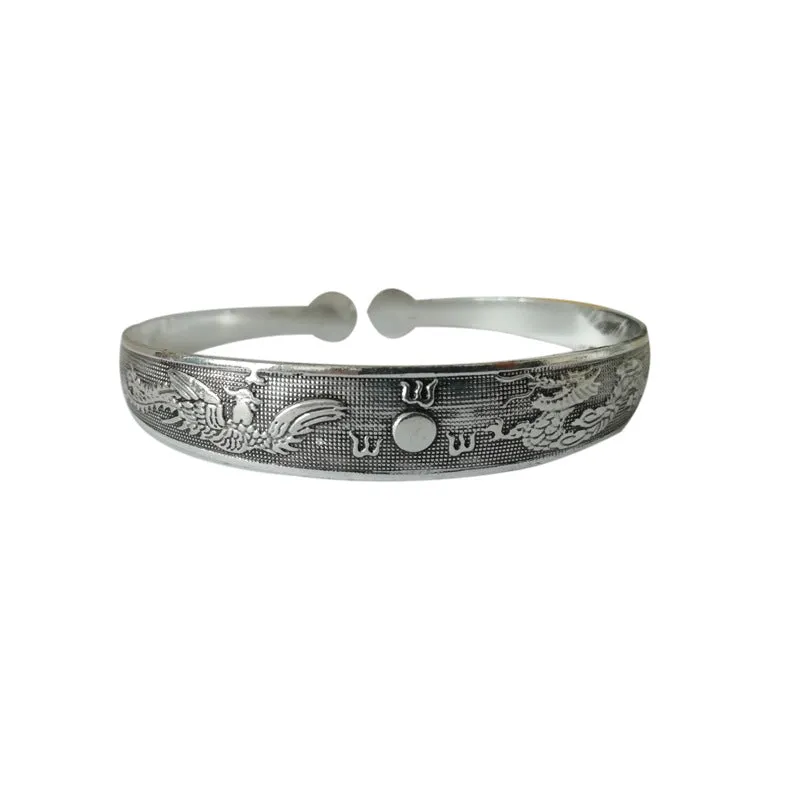 Wholesale Vintage elephant carved open women's dragon and phoenix bracelet ethnic style Tibetan silver bracelet Miao silver bracelet