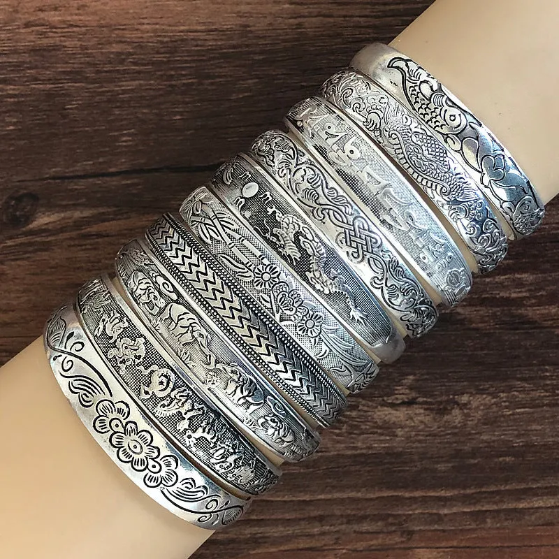 Wholesale Vintage elephant carved open women's dragon and phoenix bracelet ethnic style Tibetan silver bracelet Miao silver bracelet