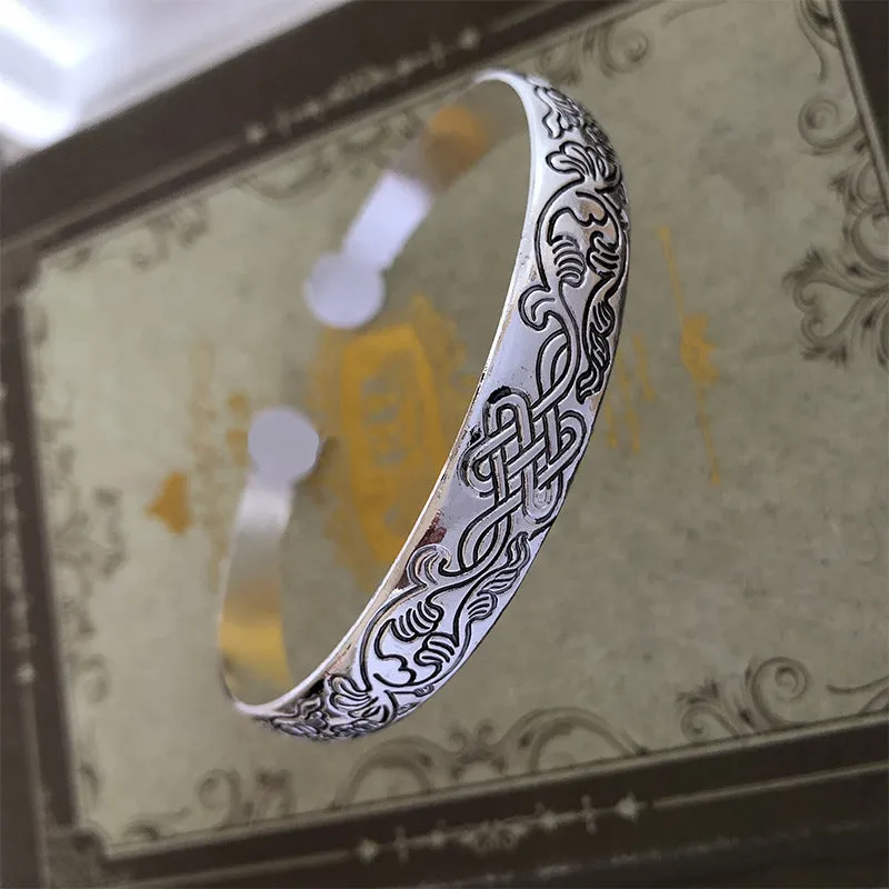 Wholesale Vintage elephant carved open women's dragon and phoenix bracelet ethnic style Tibetan silver bracelet Miao silver bracelet