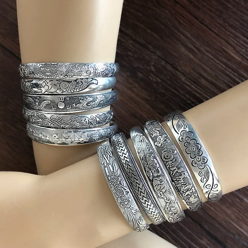Wholesale Vintage elephant carved open women's dragon and phoenix bracelet ethnic style Tibetan silver bracelet Miao silver bracelet