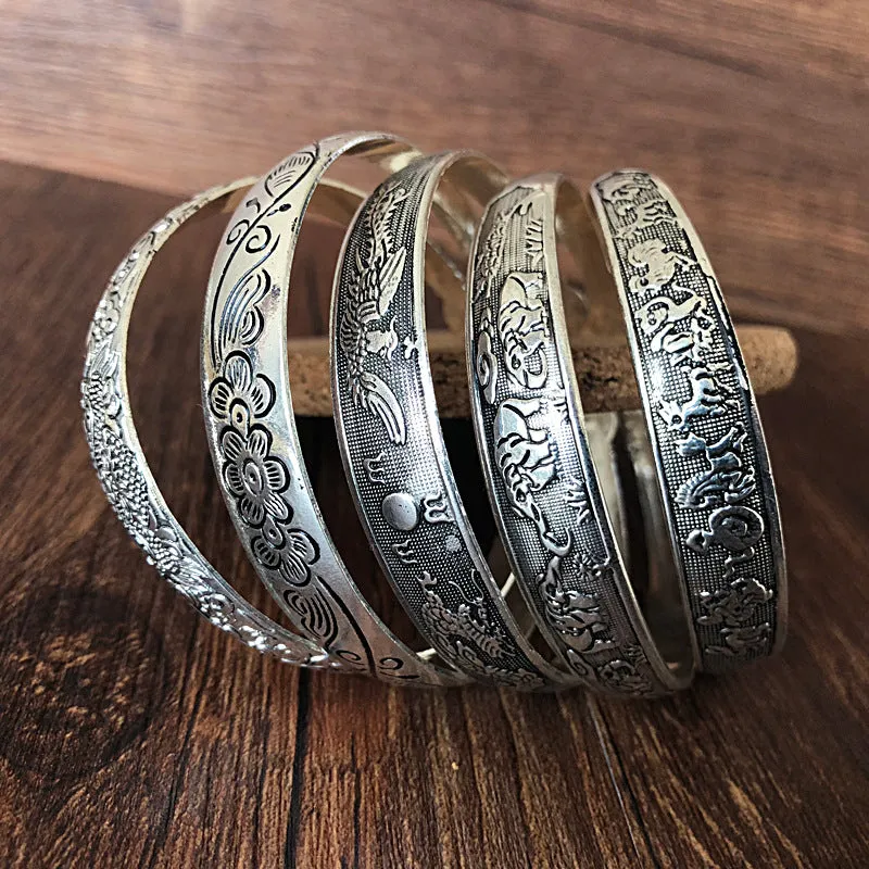 Wholesale Vintage elephant carved open women's dragon and phoenix bracelet ethnic style Tibetan silver bracelet Miao silver bracelet