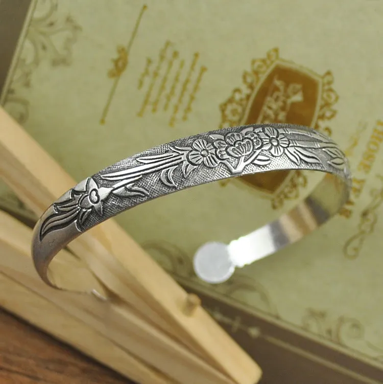 Wholesale Vintage elephant carved open women's dragon and phoenix bracelet ethnic style Tibetan silver bracelet Miao silver bracelet