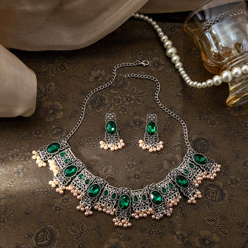 Wholesale Vintage Emerald Ethnic Style Square Tassel Rice Beads Earrings Necklace Set