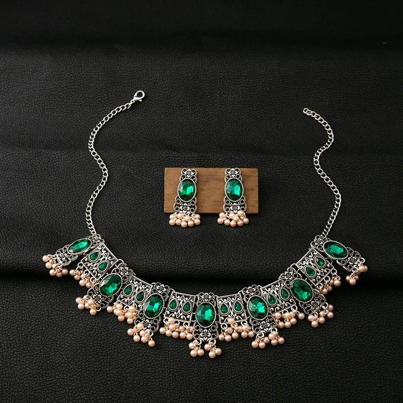 Wholesale Vintage Emerald Ethnic Style Square Tassel Rice Beads Earrings Necklace Set
