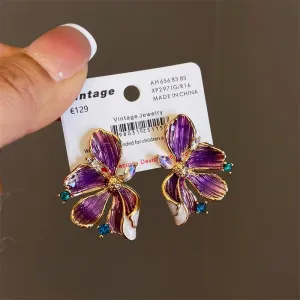 Wholesale vintage enamel glaze Phalaenopsis purple flower colorful rhinestone earrings