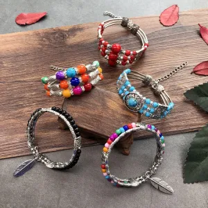 Wholesale vintage ethnic style handmade imitation colored stone bracelet versatile personality bohemian Tibetan silver bracelet female bracelet