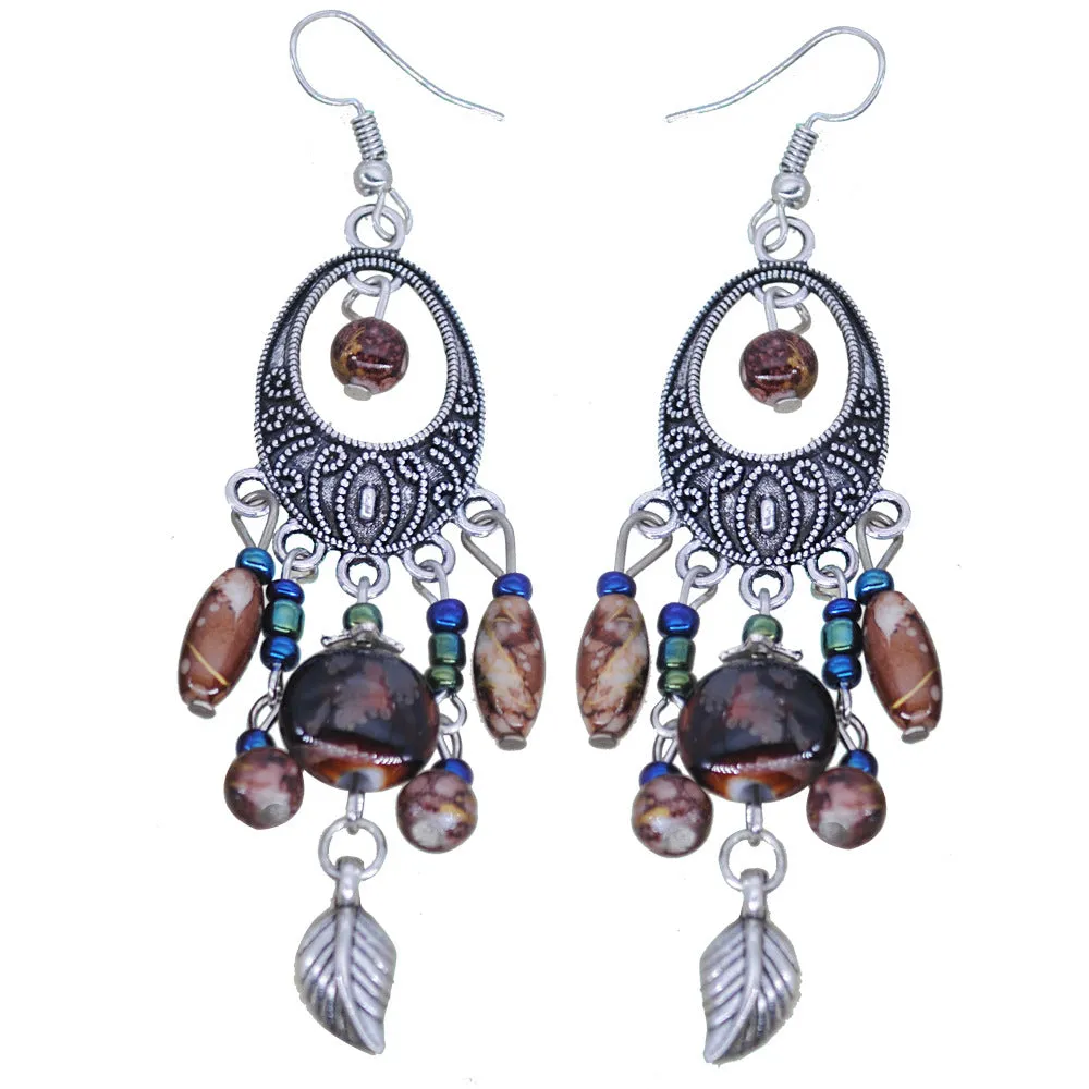 Wholesale Vintage Ethnic Tassel Leaf Alloy Earrings