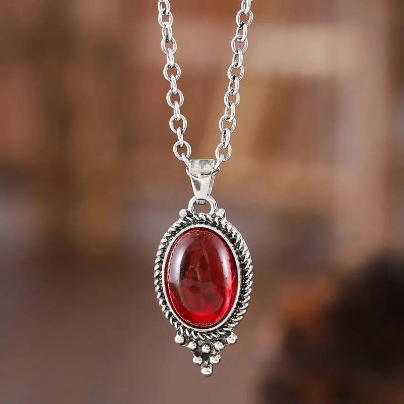 Wholesale Vintage Exquisite Cameo Inlaid Ruby Oval Glass Pendant Fashion Earrings Necklace Set