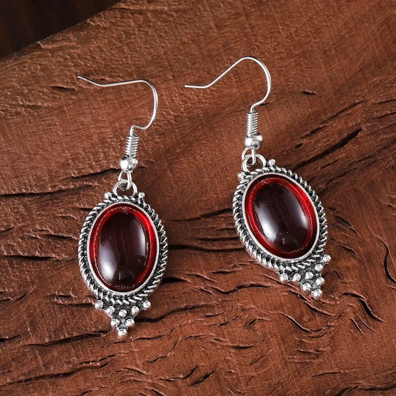 Wholesale Vintage Exquisite Cameo Inlaid Ruby Oval Glass Pendant Fashion Earrings Necklace Set