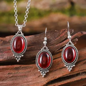 Wholesale Vintage Exquisite Cameo Inlaid Ruby Oval Glass Pendant Fashion Earrings Necklace Set