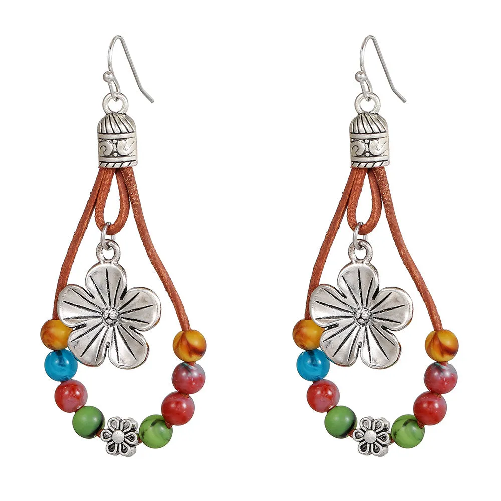 Wholesale Vintage Flower Earrings Bohemian Double Turquoise Beaded Earrings