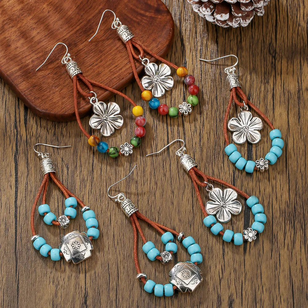 Wholesale Vintage Flower Earrings Bohemian Double Turquoise Beaded Earrings
