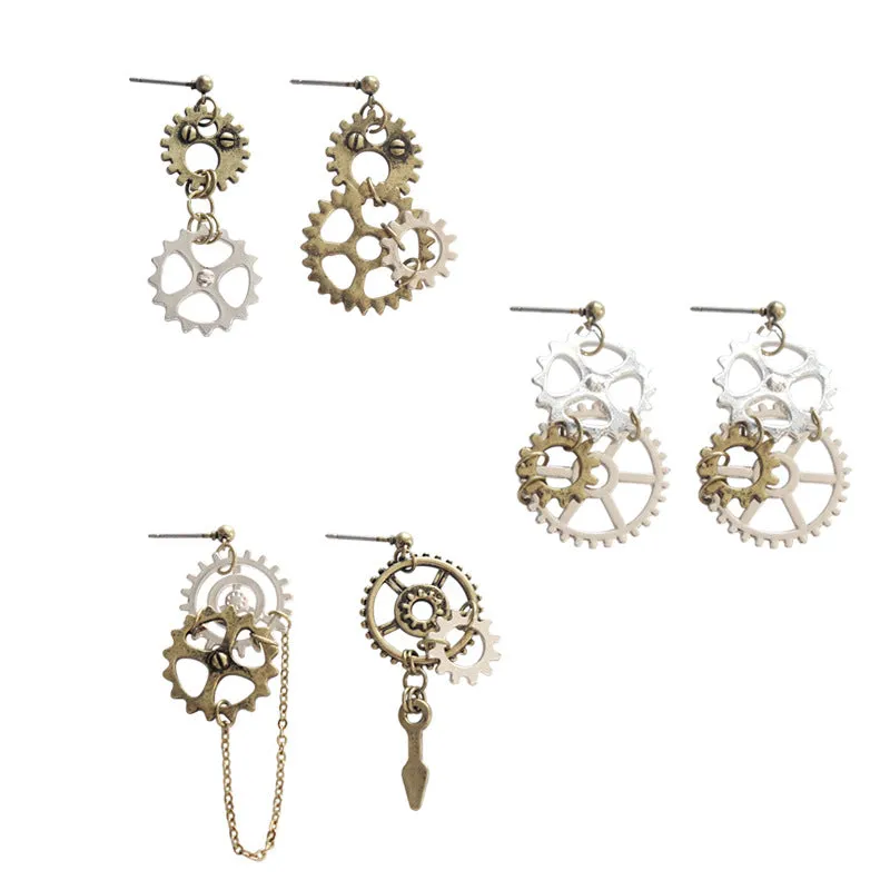 Wholesale Vintage Gear Chain Asymmetric Long Earrings