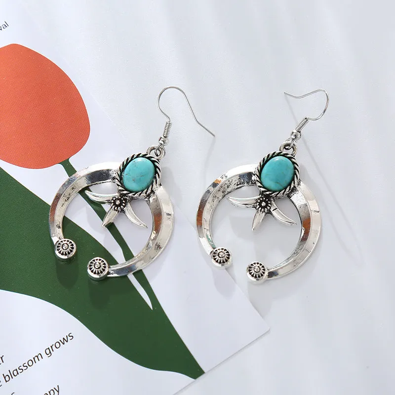 Wholesale Vintage Geometric Carved Antique Silver Turquoise Earrings