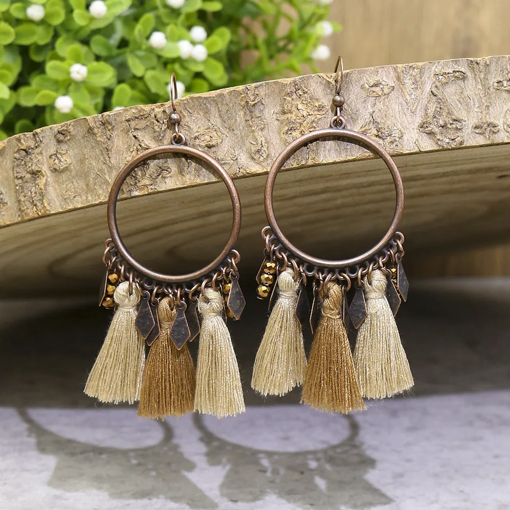 Wholesale Vintage Geometric Round Wooden Beads Tassel Earrings