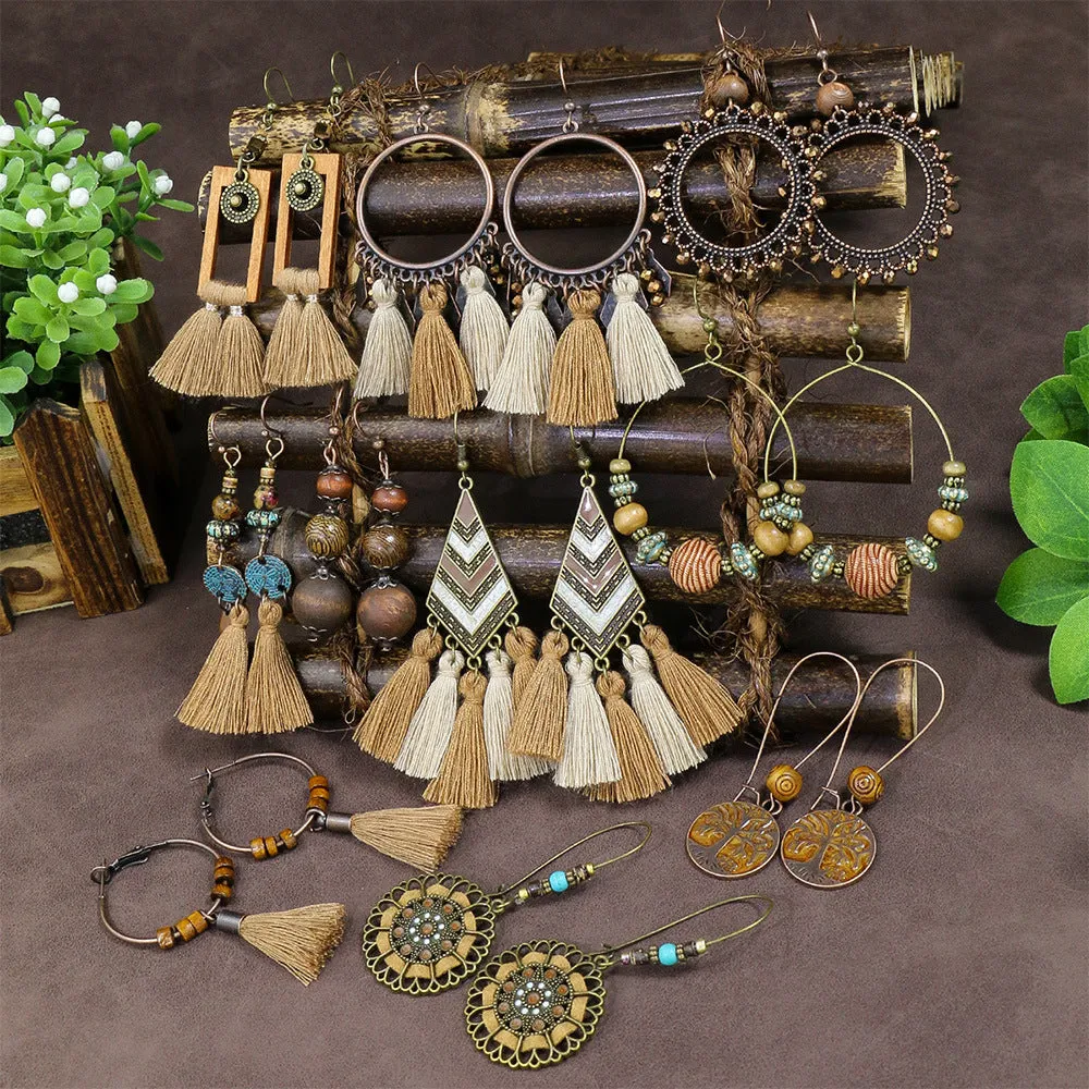 Wholesale Vintage Geometric Round Wooden Beads Tassel Earrings