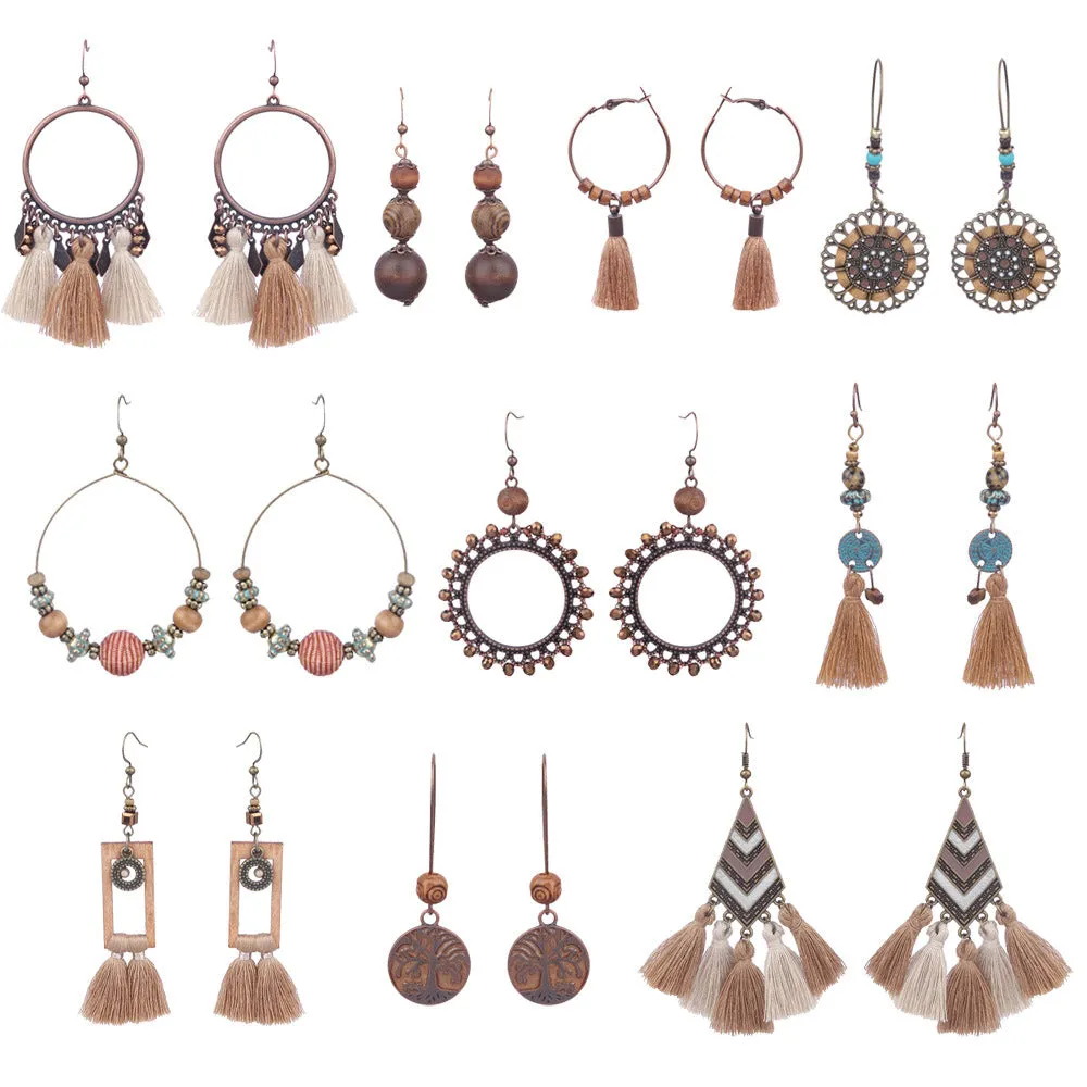 Wholesale Vintage Geometric Round Wooden Beads Tassel Earrings