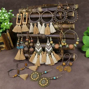 Wholesale Vintage Geometric Round Wooden Beads Tassel Earrings