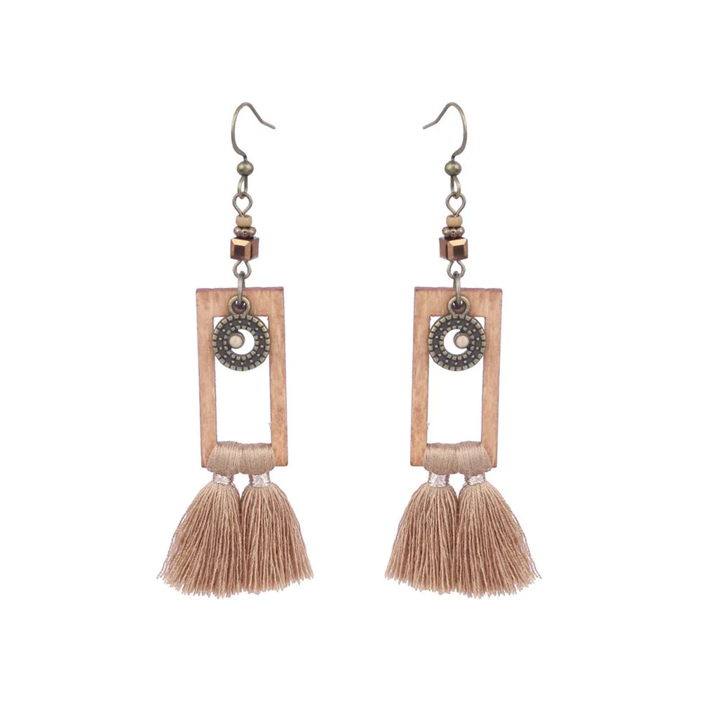 Wholesale Vintage Geometric Round Wooden Beads Tassel Earrings